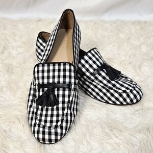 Ann Taylor Gingham Plaid Loafers Flats Black White Tassel Classic Preppy
